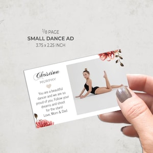 Kleine dansrecital AD zelfbewerkend SJABLOON | Advertentie 1/8 pagina | 3,75 x 2,25 inch | Rode bloemen | Eerbetoonpagina jaarboek | Programmaadvertentie