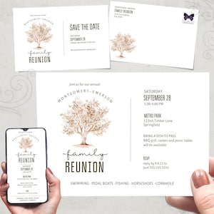 Peut inclure: Une illustration aquarelle d'un arbre avec le texte "Montgomery-Emerson Family Reunion" et "Save the Date" sur un fond blanc. Le texte sous l'arbre dit "Samedi, 28 septembre, 13h00-16h00, Metro Park, 12345 Timber Lane, Springfield. Apportez un plat à partager. Barbecue, glacières et tables de pique-nique seront disponibles. RSVP, répondez avant le 9.6.23 à Jack 555.555.5555. Natation, pédalos, pêche, fers à cheval, cornhole."