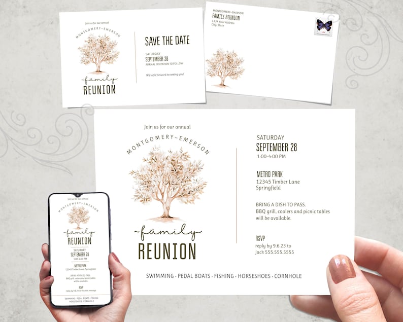 May include: A watercolour illustration of a tree with the text "Montgomery-Emerson Family Reunion" and "Save the Date" on a white background. The text below the tree says "Saturday, September 28, 1:00-4:00 PM, Metro Park, 12345 Timber Lane, Springfield. Bring a dish to pass. BBQ grill, coolers and picnic tables will be available. RSVP, reply by 9.6.23 to Jack 555.555.5555. Swimming, Pedal Boats, Fishing, Horseshoes, Cornhole."