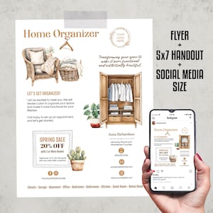 May include: A flyer for a home organizer business. The flyer features a watercolor illustration of a closet with clothes and a chair with a throw blanket. The flyer includes the text "Home Organizer", "Let's Get Organized!" and "Spring Sale 20% Off".