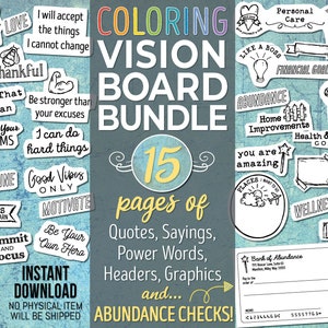 Kit Vision Board imprimable | Téléchargement numérique instantané | Vision Board BUNDLE | Chèques vierges, graphiques, 15 pages amusantes et à colorier