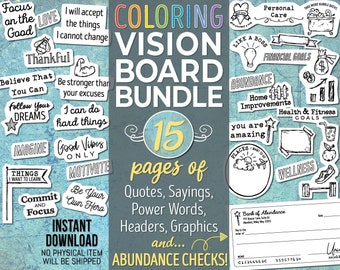 Vision Board Kit Printable | Instant Digital Download | Vision Board BUNDLE | Blank Abundance Checks, Graphics, 15 Pages of Fun and Coloring