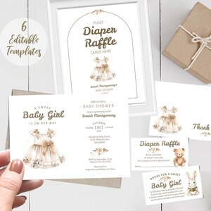 Baby Shower Invitation BUNDLE | 6 TEMPLATES | Cute Boho Dress | Invite, Books for Baby Card, Diaper Raffle Card, Raffle Sign, Thank You Card