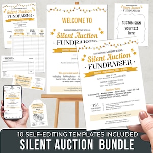 Silent Auction Fundraiser Bundle | 10 Editable TEMPLATES | Flyer, Invite, Ticket, Social Media Ad, Tags, Signs, Bid Sheet, Receipt
