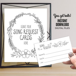 Cartões de solicitação de música + placa de exibição | DOWNLOAD INSTANTÂNEO Somente arquivos digitais não editáveis | Casamento Ocasião especial Festa dançante Imprimível