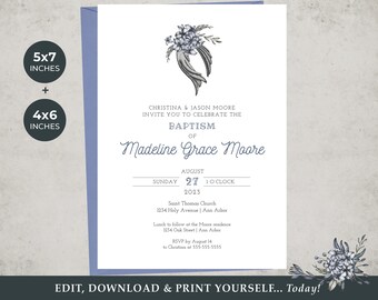 Baptism Invite Editable TEMPLATES | Angel Wings Floral Design | 2 Sizes Included 5x7 + 4x6 | Edit, Download & Print Yourself... Today!