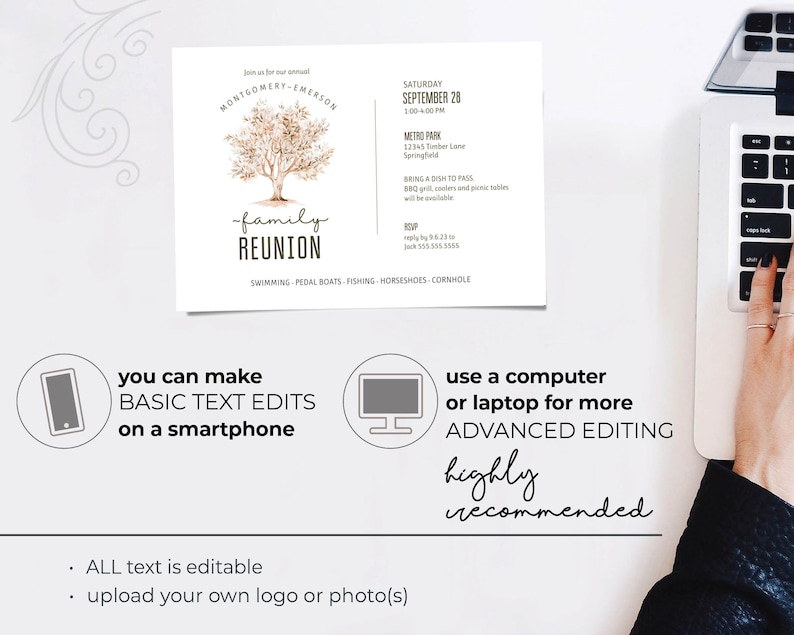 May include: A digital invitation for a family reunion featuring a watercolour illustration of a tree. The invitation includes the date, time, location, and RSVP details. The text reads "Montgomery-Emerson Family Reunion Saturday, September 28, 1:00-4:00 PM Metro Park 12345 Timber Lane Springfield Bring a Dish to Pass BBQ grill, coolers and picnic tables will be available RSVP reply by 9.23 to Jack 555.555.5555 Swimming, Pedal Boats, Fishing, Horseshoes, Cornhole"