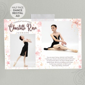May include: A pink and white dance recital congratulations card with a photo of a young girl in a black leotard and white pointe shoes. The card features a pink watercolor background with gold stars and the text "CONGRATULATIONS! Charlotte Rose JOHNSON".