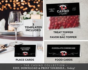 Könnte beinhalten: Druckbare Casino-Partydekorationen, darunter Platzkarte, Speisekarten und ein Leckerli-Topper oder ein Geschenkbeutel-Topper. Die Karten haben einen schwarzen Hintergrund mit weißem Text und einem roten und weißen Casino-Chip-Design. Der Leckerli-Topper hat einen schwarzen Hintergrund mit weißem Text und einem roten und weißen Casino-Chip-Design. Der Text auf dem Leckerli-Topper lautet "You've been dealt Casino Night".