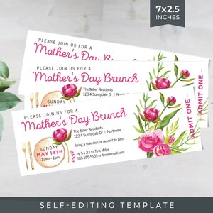 Mother's Day Brunch Invite Ticket TEMPLATE | Self-Editing in Corjl | Hot Pink Peonies | Peony Floral 7 x 2.5 Inches | Mothers Day Invitation