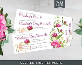 Mother's Day Brunch Invite Ticket TEMPLATE | Self-Editing in Corjl | Hot Pink Peonies | Peony Floral 7 x 2.5 Inches | Mothers Day Invitation