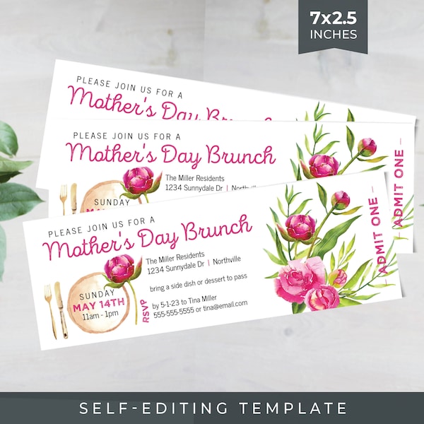 Mother's Day Brunch Invite Ticket TEMPLATE | Self-Editing in Corjl | Hot Pink Peonies | Peony Floral 7 x 2.5 Inches | Mothers Day Invitation