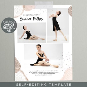 May include: A dance recital advertisement featuring a young dancer in a black leotard and pointe shoes. The ad includes the dancer's name, "Summer Phillips", and a congratulatory message. The background features a soft pink and white abstract design with glitter accents.