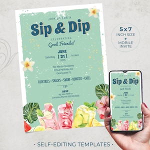 Sip & Dip Party Distressed Vintage Einladung | Selbstbearbeitende VORLAGEN | Pool-Party | 13x18 + Handy einladen | Bearbeiten + Herunterladen + Drucken, noch heute!