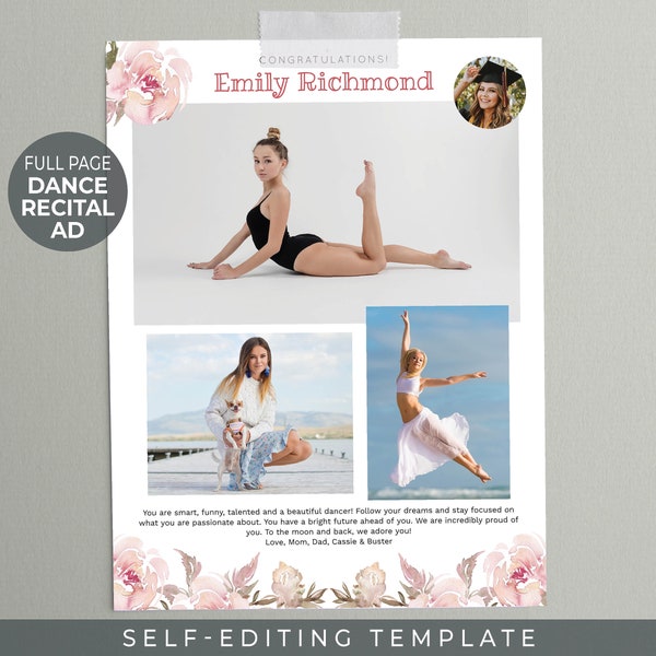 Dance Recital AD TEMPLATE | Self-Editing in Corjl | Pink Roses Design | 8.5x11 Inch Full Page | Senior Yearbook Tribute | School Program Ad