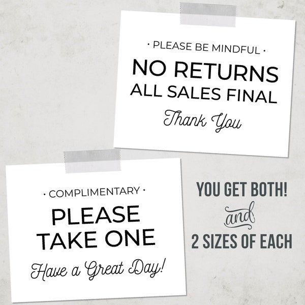 No Returns Sign Printable | Complimentary Sign | Instant Download | Black and White Modern Business Signs | You get 2 Sizes of Each Sign