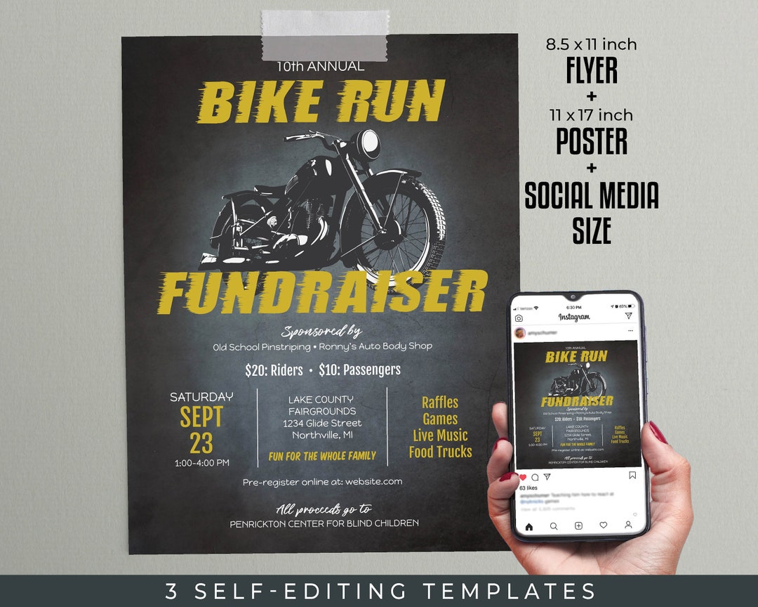 Bike Run Fundraiser Editable TEMPLATES | 8.5x11 Flyer, 11x17 Poster ...