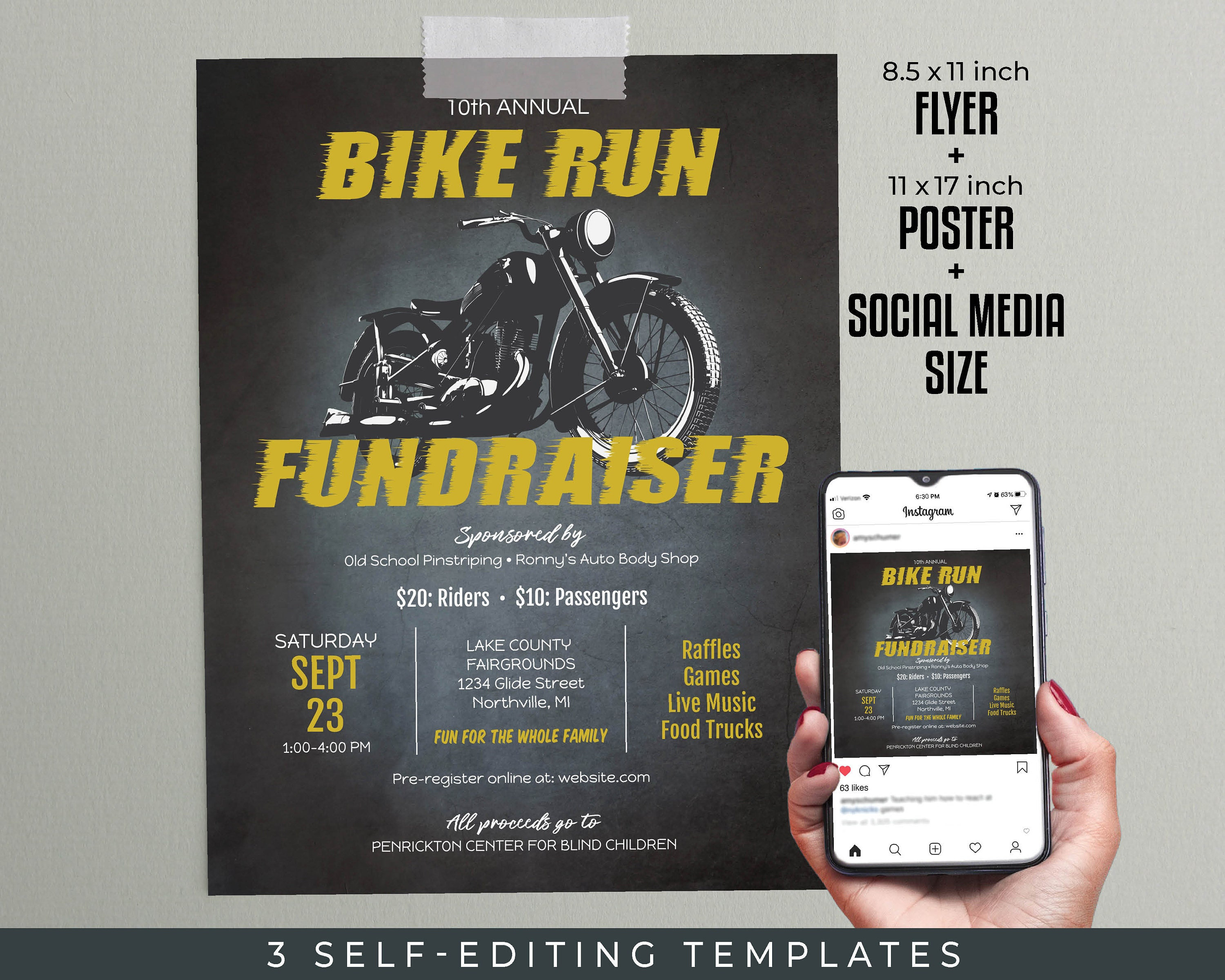 Bike Run Fundraiser Editable TEMPLATES | 8.5x11 Flyer, 11x17 Poster ...