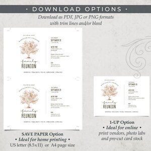 May include: Two printable options for a family reunion invitation. The invitation features a watercolour illustration of a tree with the text "family reunion" and the date "September 20". The text "Save Paper Option" and "1-Up Option" are also included.