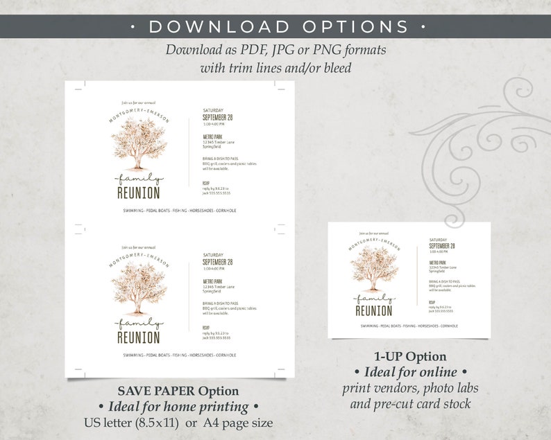 May include: Two printable options for a family reunion invitation. The invitation features a watercolour illustration of a tree with the text "family reunion" and the date "September 20". The text "Save Paper Option" and "1-Up Option" are also included.