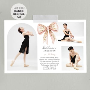 Dance Recital AD Self-Editing TEMPLATE | Half Page Ad 8.5x5.5 | Coquette Ribbon Pink & Gold Bow | Annual Yearbook Tribute Page Program Ad
