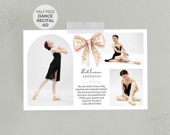 Dansrecital AD zelfbewerkend SJABLOON | Advertentie halve pagina 8,5 x 5,5 | Cocktaillint roze en gouden strik | Jaarlijkse advertentie voor de pagina met eerbetoon aan het jaarboek