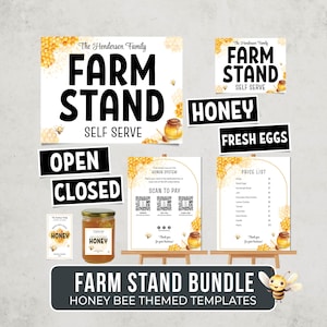 Könnte beinhalten: Ein Farmstand-Bundle mit Bienen-Themenvorlagen. Enthält Schilder mit Text wie "Farm Stand", "Honey", "Fresh Eggs", "Open", "Closed" und eine Preisliste. Ein Glas Honig ist ebenfalls zu sehen.