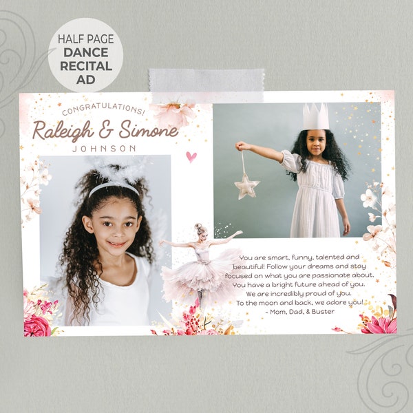 Dance Recital AD TEMPLATE | Self-Editing in Corjl | Pink Ballerina Design | 8.5x5.5 Inch Half Pg | Annual Yearbook Tribute Page | Program Ad