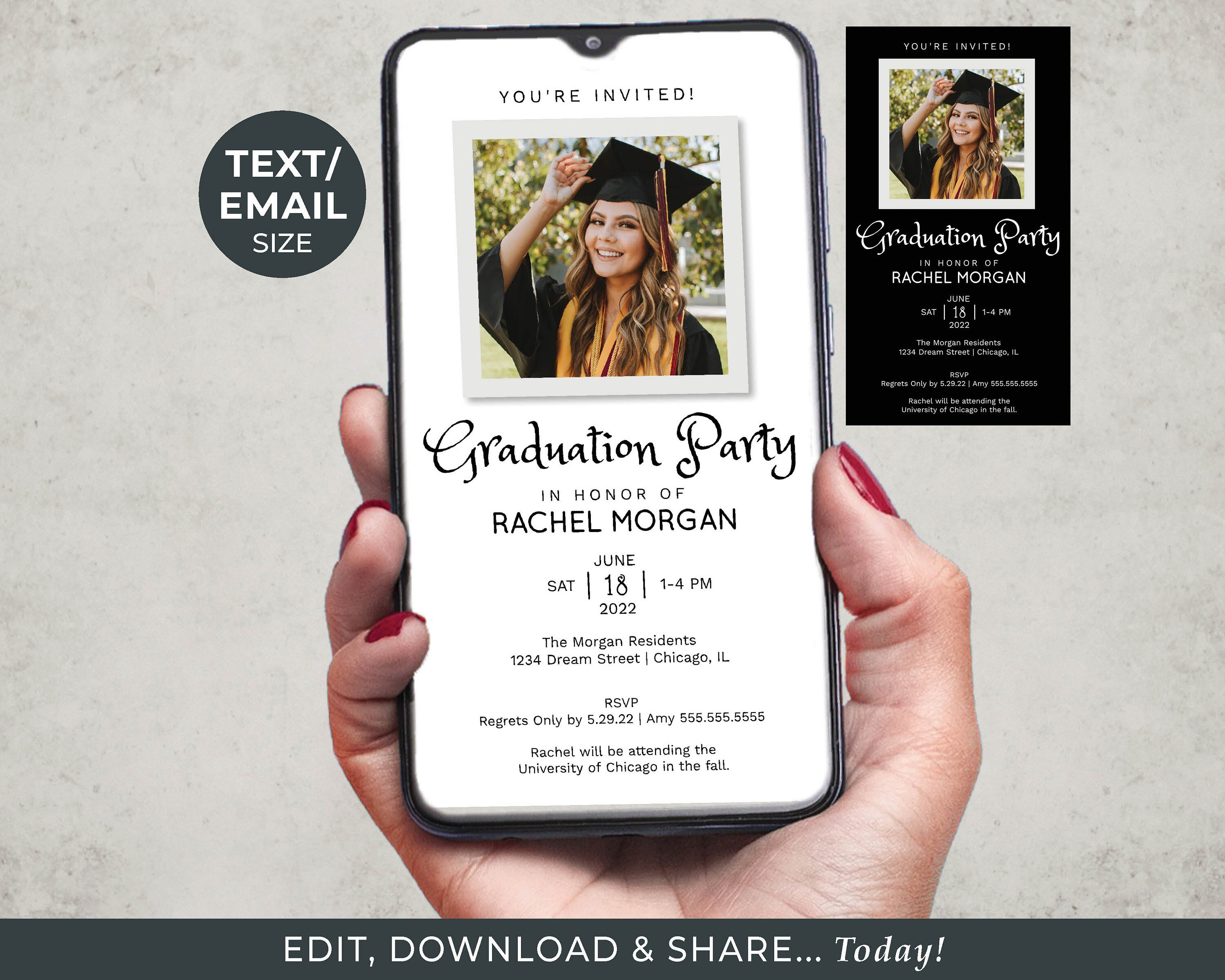 Graduation Party TEMPLATE Electronic Invitation | Text/Email Size Announcement | Grad Celebration | Edit + Download + Share...Today!