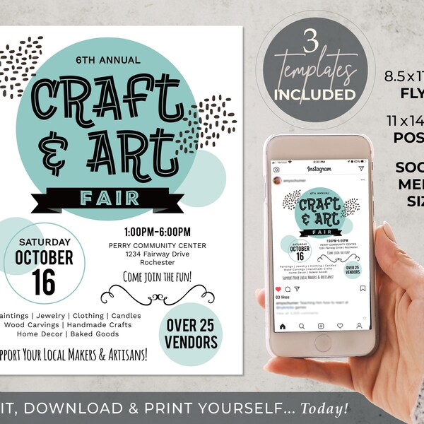 Craft & Art Fair Editable TEMPLATE | 8.5x11 Flyer + 11x14 Poster + Social Media Size | Fundraiser | Edit, Download and Print Yourself, Today