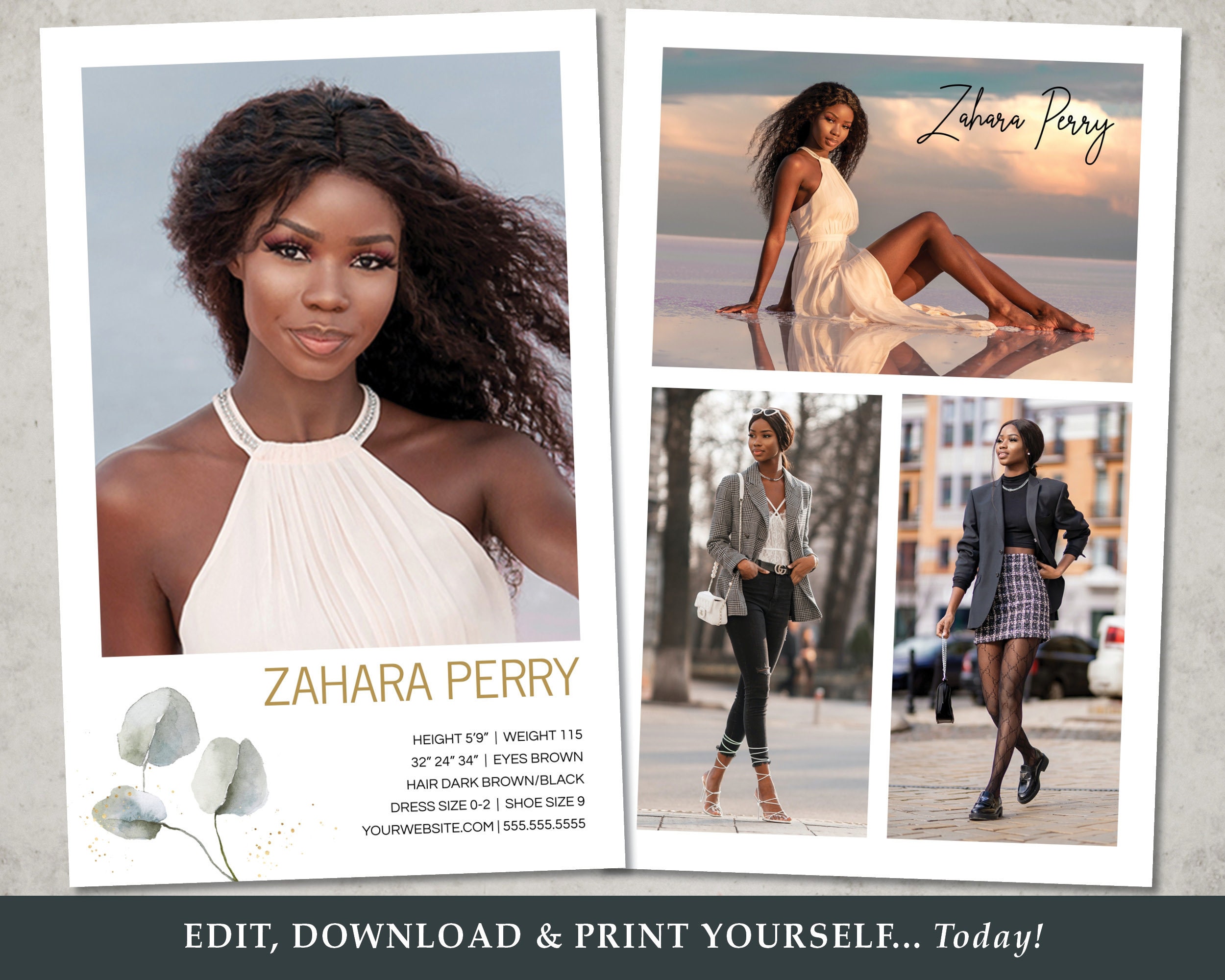 Model Comp Card TEMPLATE DIY Editing Fashion Model Portfolio Eucalyptus Modern Design Edit