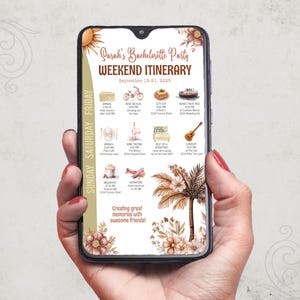 Può includere: Un'illustrazione digitale di un itinerario di fine settimana per un addio al nubilato. L'itinerario include attività come una gita in barca al tramonto, una degustazione di vini e un concerto. L'illustrazione presenta una palma, fiori e un sole.