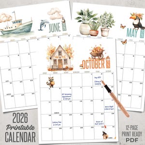 May include: A 12-page printable PDF calendar for 2026, featuring watercolor illustrations for each month. The calendar includes images of a boat, dolphin, plants, toucan, and seasonal elements. The text "2026 Printable Calendar" is displayed.