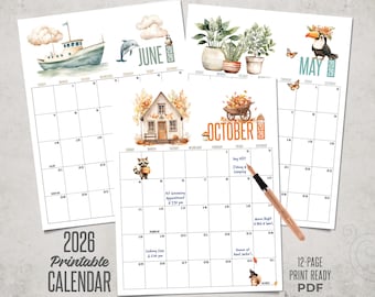 Calendário 2026 para Imprimir | Download Instantâneo em PDF com 12 Meses | Ilustrações em Aquarela, Números Grandes | Para Casa, Escola, Trabalho ou Presente | Baixe e Imprima