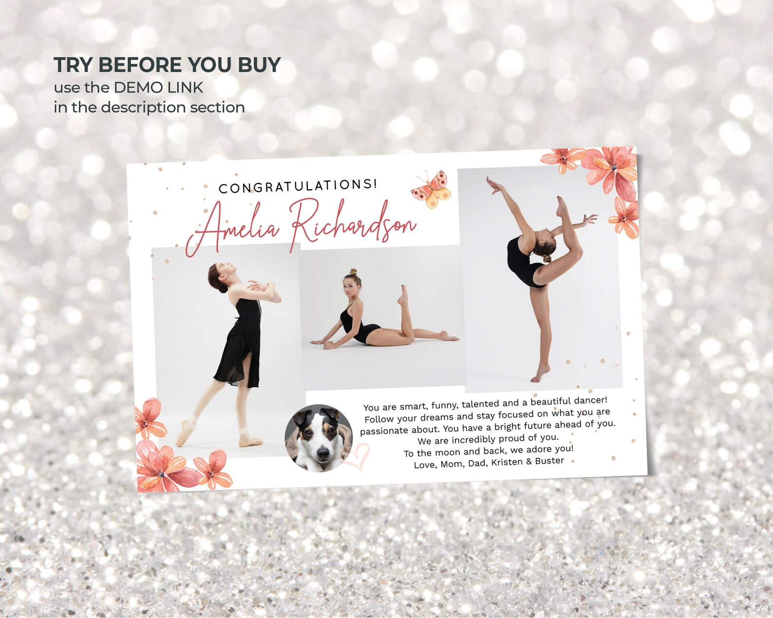 Dance Recital AD TEMPLATE Self-editing in Corjl Butterfly Floral Design ...