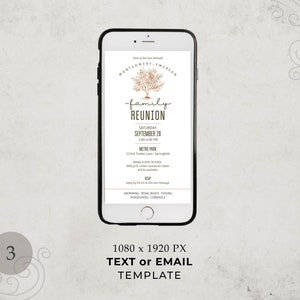 May include: A digital invitation for a family reunion. The invitation features a brown tree illustration with the text "Montgomery-Emerson Family Reunion" and details about the event, including the date, time, location, and activities. The invitation is displayed on a smartphone screen.