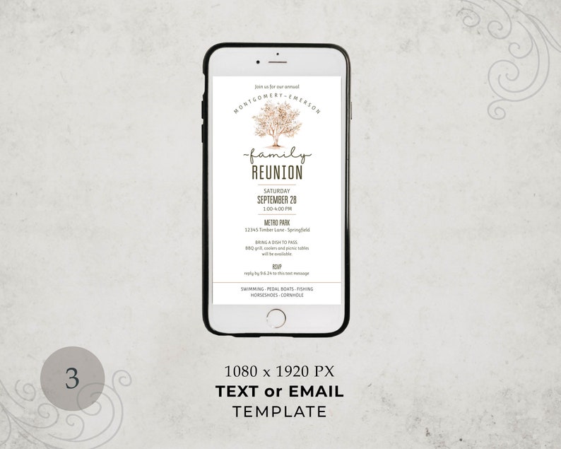 May include: A digital invitation for a family reunion. The invitation features a brown tree illustration with the text "Montgomery-Emerson Family Reunion" and details about the event, including the date, time, location, and activities. The invitation is displayed on a smartphone screen.