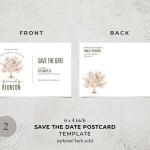 May include: A 6x4 inch save the date postcard template featuring a watercolour illustration of a tree. The front of the card reads "Save the Date" and the back says "Montgomery-Emerson Family Reunion".