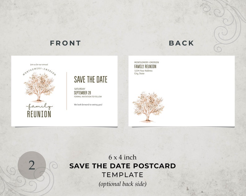 May include: A 6x4 inch save the date postcard template featuring a watercolour illustration of a tree. The front of the card reads "Save the Date" and the back says "Montgomery-Emerson Family Reunion".
