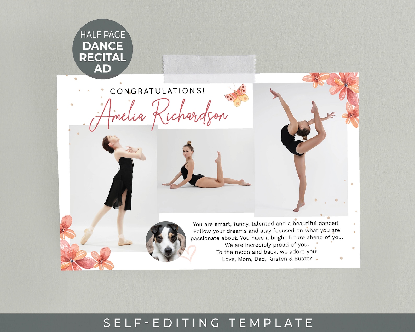 Dance Recital AD TEMPLATE Self-editing in Corjl Butterfly Floral Design ...