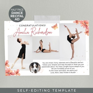 Dance Recital AD TEMPLATE | Self-Editing in Corjl | Butterfly Floral Design | 8.5x5.5 Inch Half Page | Senior Yearbook Tribute | Program Ad