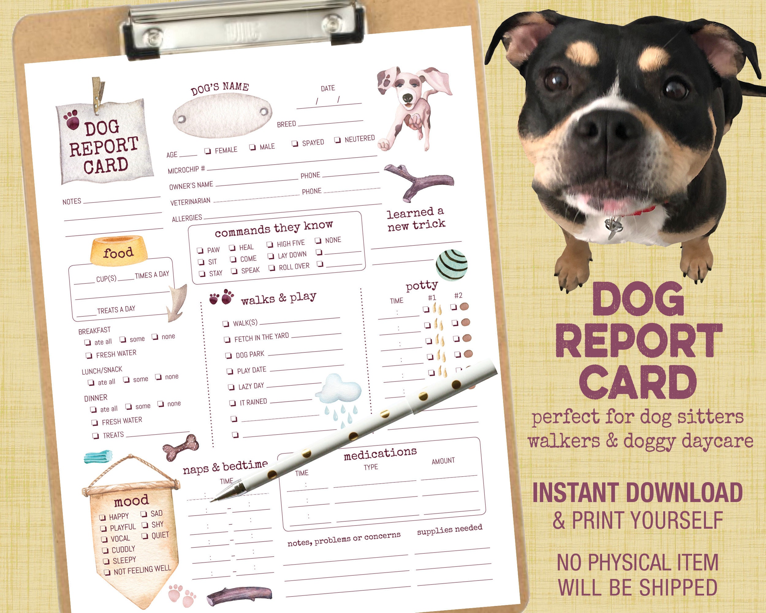 dog-report-card-form-uneditable-instant-download-digital-etsy