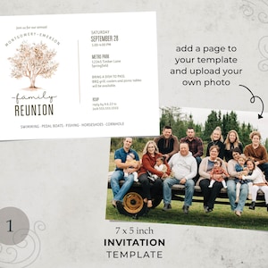 May include: A 7x5 inch invitation template featuring a watercolour illustration of a tree and the text "family reunion". The template is designed for a family reunion and includes details such as the date, time, location, and RSVP information. The template also includes a space for a photo.