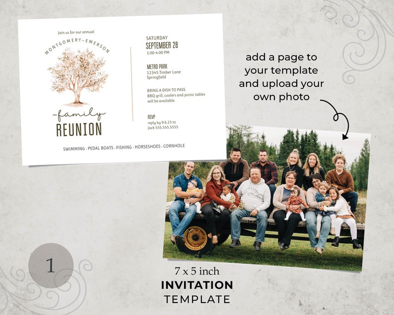 May include: A 7x5 inch invitation template featuring a watercolour illustration of a tree and the text "family reunion". The template is designed for a family reunion and includes details such as the date, time, location, and RSVP information. The template also includes a space for a photo.