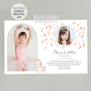 Puede incluir: Un anuncio de recital de danza con una niña en un tutú rosa y una ilustración de unicornio. El texto dice "Charlotte Braxton" e incluye un mensaje de felicitación y amor de sus padres.