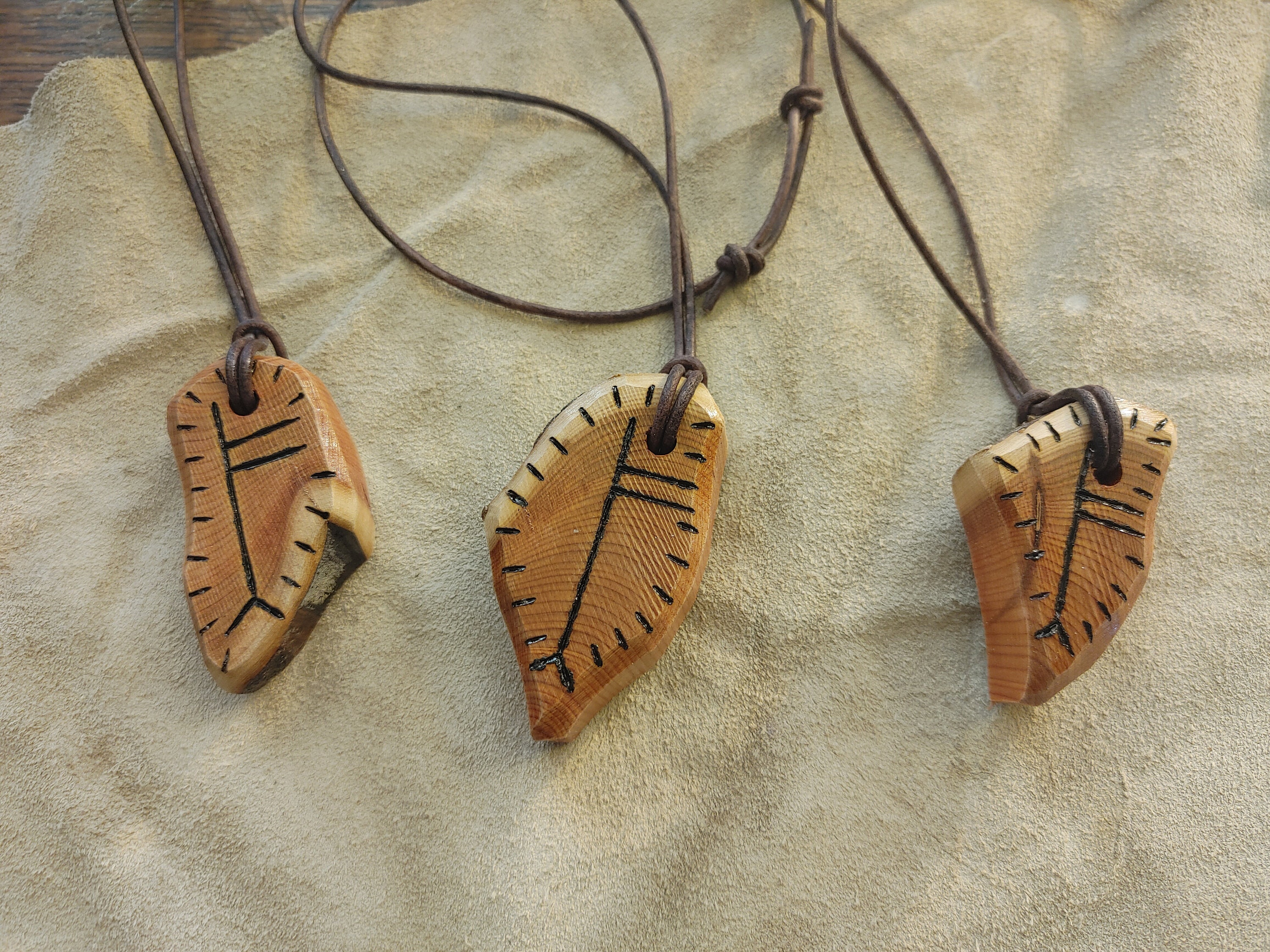Pacific Yew Wood Ogham Rowan-Luis Pendant - Celtic Witchcraft Talisman, Protection Symbol, Adjustable Leather Cord Necklace