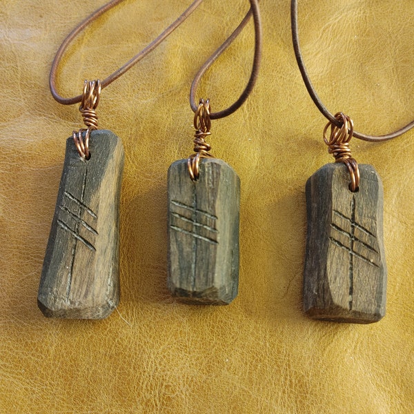 Ogham Reed-NgEtal Irish Oak Bog Pendant - Celtic Healing Symbol, Antique Copper-Wrapped, Adjustable Leather Cord Necklace