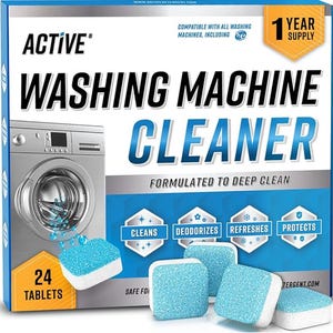 May include: A blue and white box with the text "ACTIVE Washing Machine Cleaner" and a picture of a washing machine. The box contains 24 tablets that are formulated to deep clean, deodorize, refresh, and protect washing machines. The box also states that the tablets are compatible with all washing machines, including HE machines. The box also states that the tablets are a 1 year supply.