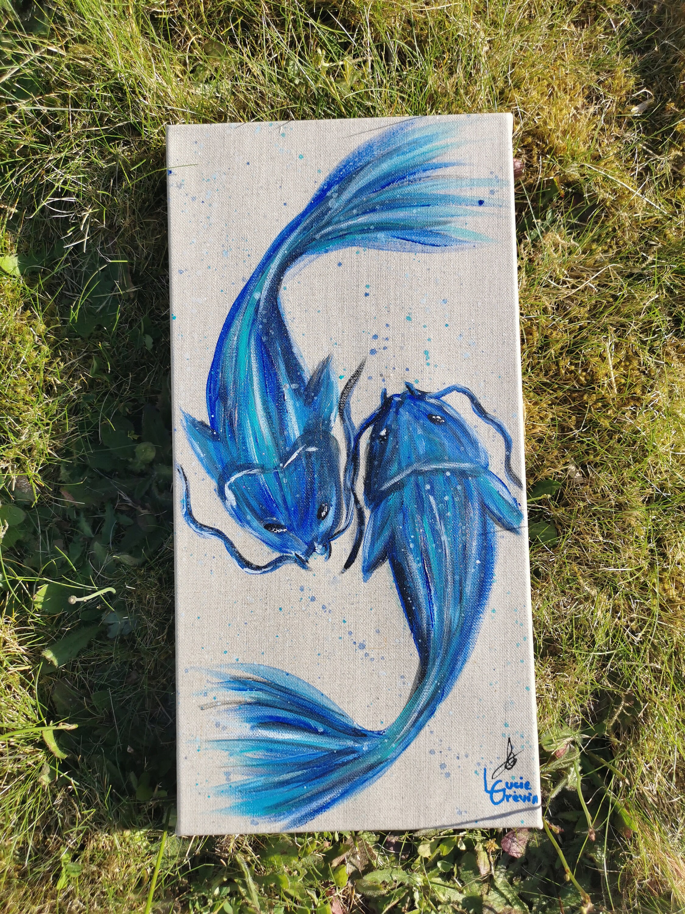 Tableau Poissons Carpes Koi Bleu et Argent Toile