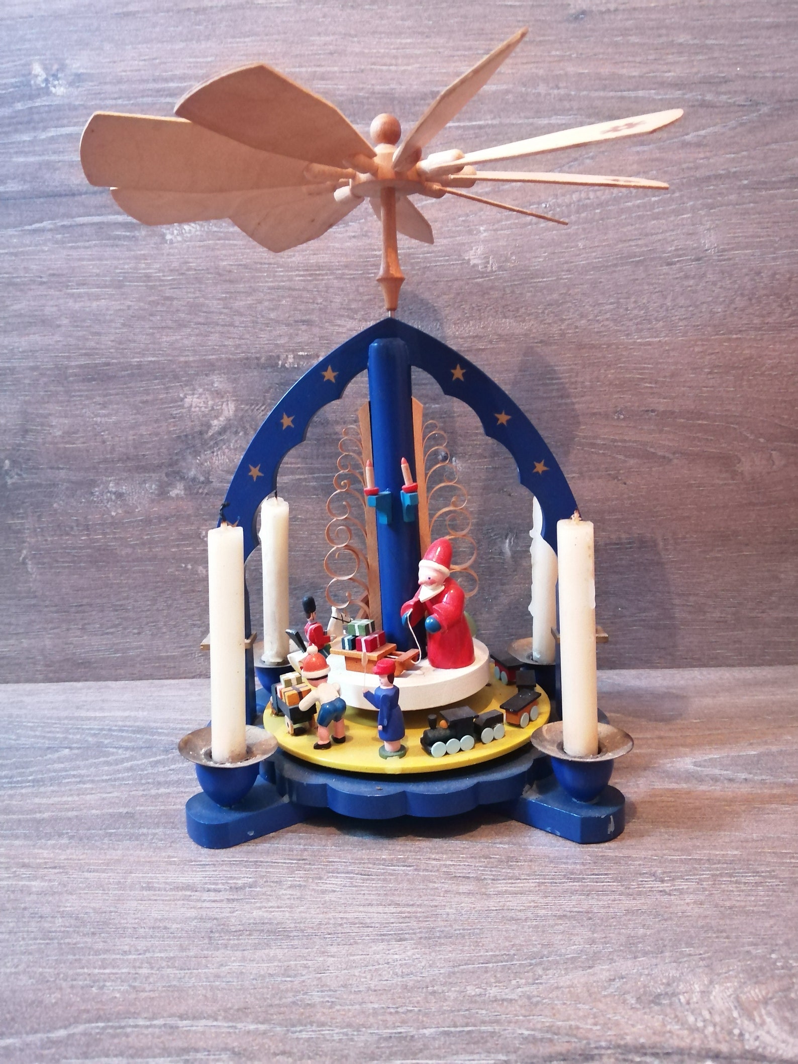 Vintage Christmas Handmade Erzgebirge German pyramid with hand carved wooden figurines and 4 candles 80s